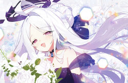  1girl :d alternate_costume alternate_hairstyle apple_caramel bare_shoulders black_choker black_halo blue_archive bouquet choker commentary_request detached_sleeves dress elbow_gloves evening_gown flower forehead gloves hair_bun half-closed_eyes halo hina_(blue_archive) long_hair looking_at_viewer multicolored_halo parted_bangs pendant_choker purple_dress purple_gloves rose short_sleeves sidelocks simple_background single_hair_bun smile solo strapless strapless_dress two-tone_halo upper_body violet_eyes wavy_hair white_flower white_hair white_rose 