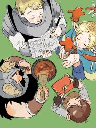  1girl 32ky 3boys armor beard bird blonde_hair brown_gloves brown_hair chilchuck_tims closed_eyes closed_mouth cooking dungeon_meshi dwarf elf facial_hair fake_horns fingerless_gloves food gloves green_background halfling helmet highres holding holding_pen horned_helmet horns laios_touden large_nose marcille_donato multiple_boys pen pointy_ears senshi_(dungeon_meshi) short_hair simple_background soup writing 