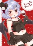  alternate_costume bat_wings black_gloves black_legwear blue_hair blush bracelet bustier character_name cup elbow_gloves fang glass gloves hair_ornament hairclip hat holding jewelry midriff mini_top_hat navel open_mouth red_eyes remilia_scarlet short_hair skirt solo strap_slip thigh-highs thighhighs top_hat touhou wine_glass wings yukiu_kon zettai_ryouiki 