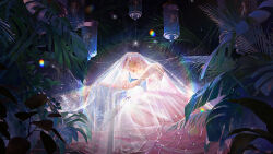  1girl artist_request bare_shoulders bead_armlet bead_bracelet bead_necklace beads bracelet bug closed_eyes closed_mouth dress expressionless gown jewelry lantern leaning_forward light_particles lightweaving_kiss_(shining_nikki) lipstick long_dress makeup multiple_bracelets necklace night nikki_(series) official_art outdoors palm_leaf paper_lantern pink_dress pink_hair pink_lips realistic see-through_clothes see-through_veil shining_nikki short_hair silk sitting solo source_request spider spider_web strapless strapless_dress third-party_source updo veil white_veil 