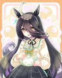  1girl ahoge animal_ears black_hair black_ribbon black_skirt blush casual chiffon commentary_request ear_tag earrings frilled_shirt frills hair_between_eyes holding holding_teapot horse_ears horse_girl horse_tail jewelry long_bangs long_hair long_hair_between_eyes long_sleeves manhattan_cafe_(casual)_(umamusume) manhattan_cafe_(umamusume) multicolored_hair neck_ribbon open_mouth ribbon shirt single_earring skirt smile solo tail teapot umamusume white_hair yellow_eyes yellow_shirt 