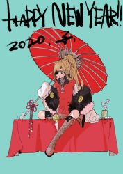  1girl 2020 aqua_background black_scarf black_shawl blonde_hair boots braid braided_hair_rings brown_boots chinese_zodiac coin commentary_request cup dango eating english_text eyepatch food food_in_mouth frilled_sleeves frills full_body fur_shawl gold_coin hair_rings happy_new_year highres knee_boots lace-up_boots leg_up long_hair long_sleeves miracle_nikki mouse_(animal) nikki_(series) oil-paper_umbrella on_table ponytail ponytail_with_braided_base puffy_long_sleeves puffy_sleeves red_umbrella red_vest sanshoku_dango scarf shawl shirt simple_background single_hair_ring sitting sleeves_past_fingers sleeves_past_wrists solo steam stylist_(nikki) table tray umbrella uro_(uvxkf) very_long_hair vest wagashi white_shirt year_of_the_rat yunomi zipper zipper_pull_tab 