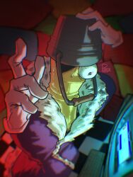  1boy artist_name blue_eyes bucket bucket_hat checkered_floor chess_piece chromatic_aberration commentary computer computer_keyboard disembodied_hand english_commentary fewer_digits full_body fur-trimmed_robe fur_trim gloves hand_on_own_hat hands_up hat highres king_(chess) kinger_(the_amazing_digital_circus) kneeling looking_at_screen male_focus monitor pillow pillow_fort purple_robe robe ruinya_rui solo spoilers sweat the_amazing_digital_circus white_gloves wide-eyed 