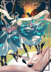  1boy black_hair blonde_hair blue_hair character_request coco_(tongari_boushi_no_atelier) conical_hat creature glasses hapyunbday hat hat_tassel highres ink multiple_girls pen pink_hair qifrey's_atelier_apprentice_uniform qifrey_(tongari_boushi_no_atelier) scroll short_hair tongari_boushi_no_atelier witch wizard_hat 