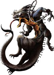  absurdres alternate_form black_skin bound bound_wrists chain claws collarbone colored_skin cuffs demon demon_(megami_tensei) dragon extra_arms forked_tongue highres horns impaled kazuma_kaneko long_tail long_tongue mask mask_on_head nail_(hardware) no_humans no_pupils official_art open_mouth persona persona_1 ribs satan_(megami_tensei) scales shackles sharp_teeth solo tail teeth tongue transparent_background white_eyes white_mask 