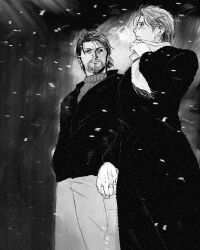  2boys aged_up alternate_universe beard breath commentary_request couple dojima_daigo facial_hair good_end holding_hands long_coat male_focus mature_male mine_yoshitaka monochrome mullet multiple_boys parted_bangs ribbed_sweater ryuu_ga_gotoku_(series) ryuu_ga_gotoku_8 scarf snowing sweater turtleneck turtleneck_sweater tyag53 winter_clothes 