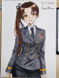  1girl alternate_costume art_tools_in_frame artist_name ayanami_(kancolle) black_jacket black_necktie black_skirt brown_hair buttons collared_shirt commentary_request cowboy_shot dated double-breasted hair_ribbon highres hisama_tomoki jacket japan_maritime_self-defense_force japan_self-defense_force kantai_collection long_hair long_sleeves looking_at_viewer marker_(medium) military military_dress_uniform military_rank_insignia military_uniform naval_dress_uniform naval_uniform necktie one-hour_drawing_challenge ponytail ribbon ribbon_bar shirt side_ponytail simple_background skirt smile solo traditional_media white_background white_shirt yellow_eyes 
