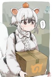  1girl animal_ears anteater_ears anteater_tail black_corset blush bow bowtie box breast_rest breasts brown_eyes cardboard_box center_frills closed_mouth commentary_request corset extra_ears food food_on_head frills fruit fruit_on_head fur_collar grey_hair hair_between_eyes holding holding_box ito_yoki japari_symbol kemono_friends long_sleeves multicolored_hair object_on_head orange_(fruit) shirt sidelocks solo southern_tamandua_(kemono_friends) translation_request upper_body white_bow white_bowtie white_fur white_hair white_shirt 