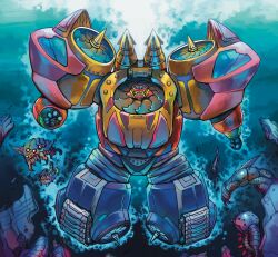  absurdres alternate_form armor blue_armor commentary_request full_body getter_poseidon getter_robo getter_robo_g highres jet_engine looking_at_viewer mecha mecha_focus missile multicolored_armor propeller red_armor robot super_robot turbine underwater yamanushi yellow_armor yellow_eyes 