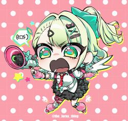  1girl absurdres arm_warmers bag black_skirt blush chibi commentary earrings green_eyes green_hair hair_ornament highres jewelry megaphone multiple_hair_clips musical_note_earrings necktie open_mouth pink_arm_warmers pink_background red_necktie shirt skirt solo striped_arm_warmers sunna_(zenless_zone_zero) the_lorna_thing twitter_username white_shirt white_wings winged_bag wings zenless_zone_zero 