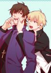  blonde_hair brown_eyes brown_hair cassock casual cross face_pull fate/stay_night fate_(series) gilgamesh jewelry kotomine_kirei male mouth_pull multiple_boys necklace red_eyes yuuto_(sky_cloister) 