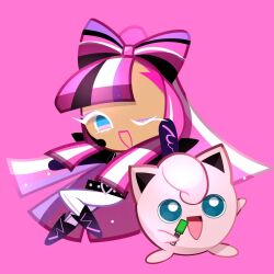 belt boots bow-shaped_hair cookie_run cookie_run:_ovenbreak crossover gen_1_pokemon glitter glitter_in_hair headset heart holding holding_microphone jigglypuff long_hair microphone multicolored_hair myeolhwan one_eye_closed pants pink_hair pokemon shining_glitter_cookie simple_background smile third-party_source white_pants