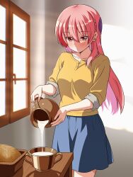  1girl absurdres blue_skirt food hayate_no_gotoku! highres holding indoors long_hair lostorder milk pink_hair pouring red_eyes shirt skirt solo standing table the_milkmaid window yellow_shirt yuzaki_tsukasa 