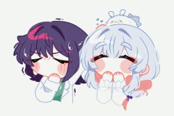  2girls animal_on_head black_hair blush_stickers bow chibi cho_kaguya-hime! commentary cropped_torso fushi_(cho_kaguya-hime!) grey_hair hair_bow hand_on_another's_head heart hehe5ya highres lab_coat long_hair long_sleeves mole mole_under_eye multicolored_hair multiple_girls no_mouth no_nose on_head pink_hair runami_yachiyo sakayori_iroha sweatdrop two-tone_hair untranslatable_commentary 