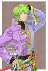  1boy arm_out_of_sleeve blue_eyes closed_mouth colored_skin fire_emblem fire_emblem:_path_of_radiance fire_emblem:_radiant_dawn green_eyes green_hair green_sash jacket male_focus medium_hair orange_skin purple_jacket sash solo stefan_(fire_emblem) swordman waist_sash yomiko_(61549392) 
