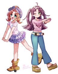 2girls :d ;) absurdres ahoge akechi_anna belt blue_hat blue_pants boots brown_boots brown_sandals closed_mouth commentary_request denim doroshii double_bun frilled_skirt frills fringe_trim green_eyes hair_bun hair_intakes hat heart heart_print highres interlocked_fingers jeans kobayashi_mikuru layered_skirt long_hair long_sleeves looking_at_viewer low_twintails medium_hair meitantei_precure! midriff miniskirt multiple_girls navel newsboy_cap official_alternate_costume one_eye_closed open_mouth orange_hair own_hands_together pants partial_commentary pink_shirt precure print_shirt purple_hair purple_shirt purple_skirt sandals shirt short_sleeves simple_background skirt smile standing standing_on_one_leg t-shirt twintails twitter_username two_side_up white_background white_belt 