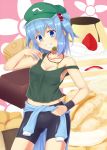  bike_shorts blue_eyes blue_hair breasts cleavage dango food fruit grin hair_bobbles hair_ornament hat jacket_around_waist kawashiro_nitori key mouth_hold pudding saemon_(tonpura) smile solo strap_slip strawberry tank_top touhou wagashi 