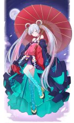  1girl arm_up bare_legs bare_shoulders barefoot blue_eyes blush cho_kaguya-hime! collarbone commentary_request fingernails fish full_body full_moon grin hair_ornament hair_rings hair_stick hand_up highres holding holding_umbrella long_hair looking_at_viewer moon multicolored_hair nail_polish octopus oil-paper_umbrella outdoors pink_hair purple_nails qr_code runami_yachiyo sakuragi_raia sky smile solo sparkle star_(sky) starry_sky twintails two-tone_kimono umbrella white_hair 