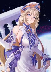  1girl absurdres bare_shoulders beret blonde_hair blue_eyes breasts closed_mouth clothes_lift detached_sleeves dress facial_mark forehead_mark genshin_impact hat highres large_breasts nicole_reeyn pointy_ears skirt skirt_lift sky smile solo star_(sky) starry_sky symbol-shaped_pupils twitter_username white_dress white_hat white_sleeves y_osu 