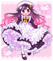  1girl apron black_bow black_bowtie black_dress black_hair black_shoes blush_stickers bow bowtie commentary_request cup dress duplicate enmaided food frilled_apron frilled_dress frills full_body hair_between_eyes highres holding holding_plate holding_spoon holding_teapot iriam maid maid_headdress mary_janes neckerchief omelet omurice otokana_sora pink_eyes pixel-perfect_duplicate plate richard_(richaball) shoes short_hair short_sleeves simple_background solo spilling spoon standing teacup teapot thigh-highs waist_apron white_apron white_thighhighs yellow_background yellow_neckerchief zettai_ryouiki 