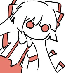  1girl arm_out_of_frame blunt_bangs blunt_ends bow chibi chibi_only chinese_commentary collared_shirt colored_skin commentary_request flat_chest fujiwara_no_mokou hair_bow highres hime_cut long_hair no_mouth no_nose pants red_bow red_eyes red_pants shirt simple_background solid_circle_eyes solo suspenders touhou upper_body user_kwxy7534 very_long_hair white_background white_bow white_hair white_shirt white_skin 