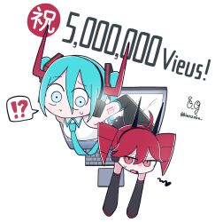  !? 2girls :t ahoge aqua_eyes aqua_necktie black_horns black_sleeves collared_shirt commentary computer computer_keyboard detached_sleeves drill_hair hair_between_eyes hatsune_miku headset highres horns jitome kasane_teto kasane_teto_(utau) kinnzoku monitor multiple_girls necktie number_tattoo open_mouth raised_eyebrow red_eyes red_hair red_horns shirt shoulder_tattoo simple_background sleeveless sleeveless_shirt split_dance_(vocaloid) spoken_interrobang squiggle sweatdrop tattoo through_medium through_screen twin_drills twintails twitter_username utau vocaloid white_background white_shirt wide-eyed 