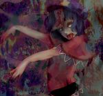  1girl blood blue_hair fangs hat highres meiji_(charisma_serve) miyako_yoshika ofuda open_mouth outstretched_arms short_hair solo tongue tongue_out touhou yellow_eyes zombie_pose 