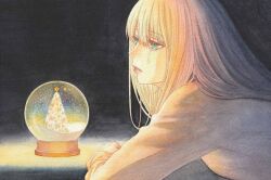  1girl blonde_hair christmas christmas_tree crying crying_with_eyes_open expressionless green_eyes k.nishiyama long_hair looking_to_the_side original painting_(medium) parted_lips snow_globe solo sweater tears traditional_media watercolor_(medium) 