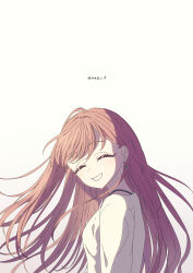  1girl absurdres ayatsumugi_roka blush brown_hair cho_kaguya-hime! closed_eyes commentary_request earrings facing_viewer highres jewelry long_hair open_mouth shirt smile solo thereaakari translation_request upper_body white_shirt 