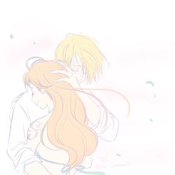  1boy 1girl aco_lovesan73 bikini bikini_top_only blonde_hair closed_eyes commentary_request curly_eyebrows falling_leaves hand_on_another's_head highres hug leaf long_hair nami_(one_piece) one_piece orange_hair sanji_(one_piece) shirt short_hair simple_background smile swimsuit twitter_username white_background white_shirt 