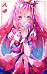  1girl ace_(playing_card) ace_of_hearts bow card card_(medium) collared_vest commentary_request cowboy_shot cure_ace curly_hair dokidoki!_precure dot_nose dress eyelashes eyes_visible_through_hair feather-trimmed_bow frilled_sleeves frills hair_between_eyes hair_bow hair_ornament hairband hand_on_own_chin happy heart heart_hair_ornament highres lapels light_blush light_particles lipstick long_hair madoka_aguri magical_girl makeup narumi_kanata notched_lapels open_clothes open_vest parted_lips pink_lips playing_card playing_card_(medium) precure puffy_short_sleeves puffy_sleeves red_dress red_eyes red_hair shadow short_sleeves smile solo sparkle standing teeth very_long_hair vest white_background white_bow white_vest white_wrist_cuffs wrist_cuffs yellow_hairband 