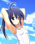  arms_up blue_hair cilfy long_hair original pointy_ears ponytail purple_eyes school_swimsuit swimsuit violet_eyes white_school_swimsuit 