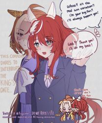  2girls ahoge anger_vein animal_ears bow bowtie chibi chibi_inset closed_mouth coat commentary ear_covers feather_hair_ornament feathers fuyurnn grey_coat hair_ornament horse_ears horse_girl long_hair long_sleeves looking_at_viewer medium_hair multicolored_hair multiple_girls notice_lines open_mouth orange_hair orfevre_(umamusume) purple_shirt red_hair shaded_face shirt simple_background speech_bubble standing streaked_hair swept_bangs tracen_training_uniform twitter_username umamusume upper_body violet_eyes watermark white_background white_bow white_bowtie win_variation_(umamusume) winter_uniform 