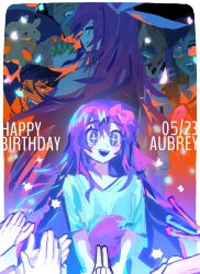  +_+ 3boys 4girls aubrey_(faraway)_(omori) aubrey_(headspace)_(omori) aubrey_(omori) black_hair blue_shirt bow bow_hairband bright_pupils character_name charlene_(omori) closed_mouth colored_skin commentary_request dated glasses hair_bow hairband happy_birthday highres honshiya kim_(omori) long_hair mikhael_(omori) multiple_boys multiple_girls omori open_mouth pink_bow pink_hair purple_hair rectangular_eyewear shirt tachibana_kanade teeth twitter_username upper_teeth_only vance_(omori) violet_eyes white_pupils white_skin 