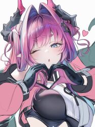  1girl ;o arknights arknights:_endfield black_gloves black_horns blue_eyes breasts commentary_request crop_top diamond_in_eye dragon_girl dragon_horns dragon_tail gloves hair_intakes hair_on_horn heart heart_hands highres horns large_breasts long_hair multicolored_gloves multicolored_hair multicolored_horns ohagi_umeume one_eye_closed open_mouth pink_gloves pink_hair pink_horns pink_sleeves pink_tube_top pointy_ears simple_background solo strapless streaked_hair tail tube_top two-sided_gloves two-tone_gloves two-tone_horns white_background yvonne_(arknights) 