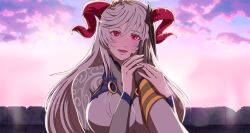  1girl 1other absurdres balcony blush bodystocking breasts brown_gloves commentary commission curled_horns dress english_commentary fire_emblem fire_emblem:_three_houses fire_emblem_heroes freyja_(fire_emblem) gloves goat_horns grey_dress grey_hair hair_ornament hand_on_another's_cheek hand_on_another's_face highres holding_hands horn_ornament horns huge_breasts kiran_(fire_emblem) large_horns long_hair looking_at_viewer mothman1930 open_mouth outdoors pov red_eyes red_horns second-party_source smile sunrise upper_body very_long_hair 