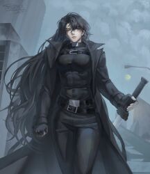  1girl absurdres aegyo_sal belt_collar black_coat black_eyes black_gloves black_hair chest_belt cityscape coat collar dafffav feet_out_of_frame fingerless_gloves genderswap genderswap_(mtf) gloves head_tilt highres holding holding_sword holding_weapon lamppost long_hair moon omniscient_reader's_viewpoint open_clothes open_coat outdoors serious shirt solo sword tight_clothes tight_shirt weapon yoo_joonghyuk 