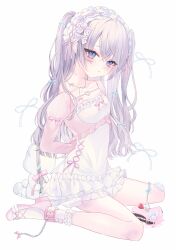  1girl arms_behind_back bandaged_leg bandages bibi-chan_(x_127x) blank_stare blue_eyes blue_ribbon breasts cake chained_legs closed_mouth collarbone commentary_request dot_nose dress facing_to_the_side food fork frilled_dress frilled_socks frills fruit gauze gauze_on_knee hair_ribbon heart heart_o-ring heart_ring_top highres icing jewelry knife leash light_blush long_hair maid maid_headdress necklace o-ring original pink_dress pink_ribbon pink_shoes ribbon shoes simple_background sitting small_breasts socks solo_focus strawberry stuffed_animal stuffed_toy two-tone_dress wariza white_background white_dress white_hair white_ribbon 