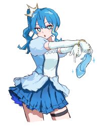  1girl aqua_eyes bibbidiba_(hololive) blue_dress blue_hair blush commentary_request cropped_legs crown dress eyeshadow gloves hands_up highres holding holding_shoes holding_unworn_clothes hololive hoshimachi_suisei long_hair makeup multicolored_hair open_mouth pink_eyeshadow ryoha_kosako shoes side_ponytail sidelocks simple_background solo sparkle star_(symbol) star_in_eye symbol_in_eye thigh_strap two-tone_hair unworn_shoes white_background white_gloves 