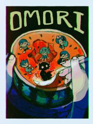  2girls 5boys absurdres aubrey_(headspace)_(omori) aubrey_(omori) basil_(headspace)_(omori) basil_(omori) black_skin blue_overalls bow brother_and_sister brothers checkered_clothes closed_eyes closed_mouth colored_skin copyright_name double-parted_bangs flower flower_wreath food fruit green_shirt hair_between_eyes hair_bow head_wreath hero_(headspace)_(omori) hero_(omori) highres holding holding_spoon kel_(headspace)_(omori) kel_(omori) long_hair mari_(headspace)_(omori) mari_(omori) milkymilkyshark mini_person miniboy minigirl multiple_boys multiple_girls omori omori_(omori) open_mouth overalls pink_bow purple_hair shirt short_hair short_sleeves siblings spoon stranger_(omori) tank_top watermelon white_eyes white_skin 