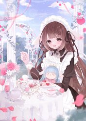  1girl :d absurdres animal_ears apron arch ascot black_dress blue_sky blurry blurry_foreground braid braided_hair_rings breasts brooch brown_eyes brown_hair bush candy chair chocolate clouds collared_dress column commentary_request cup cupcake day doll dress drinking_glass droopy_ears falling_petals fingernails flower food frilled_apron frills fruit hair_rings hand_up heart heart-shaped_chocolate heart-shaped_food highres holding holding_doll holding_spoon jewelry juliet_sleeves konkave_linse light_particles long_hair long_sleeves looking_at_viewer macaron maid maid_apron maid_headdress medium_breasts mitsuki_yukino mole mole_under_eye on_chair open_mouth outdoors petals pillar pink_flower pink_petals pink_rose plant plate puffy_sleeves rabbit_ears rose round_table saucer sidelocks sitting sky smile solo sparkle spoon strawberry stuffed_animal stuffed_rabbit stuffed_toy sunlight table tablecloth teacup teapot tray v-iii vase very_long_hair vines virtual_youtuber white_apron white_ascot white_flower wine_glass 