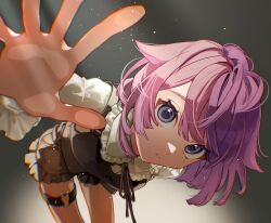  1girl arm_behind_back arm_up black_shorts black_vest blurry breasts choppy_bangs chromatic_aberration closed_mouth commission cowboy_shot depth_of_field foreshortening frilled_shirt_collar frilled_shorts frilled_sleeves frills grey_background hair_flaps heart heart_o-ring highres indie_utaite leaning_forward leaning_to_the_side light_particles light_rays long_sleeves looking_at_viewer medium_hair o-ring o-ring_thigh_strap open_hand pink_hair reaching reaching_towards_viewer second-party_source shirt shorts small_breasts solo split_mouth standing thigh_strap tomizu vest violet_eyes white_shirt 