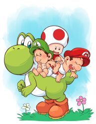  aged_down baby babysitting blue_eyes boots brothers caroline-draws-stuff diaper flower grass green_eyes highres looking_at_another luigi mario nintendo shell siblings spoilers super_mario_bros. the_super_mario_galaxy_movie worried yoshi 