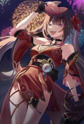  1girl bare_shoulders bell black_choker black_gloves breasts brown_hair butterfly-shaped_pupils choker commentary criss-cross_halter diamond_(shape) diamond_facial_mark dress facial_mark firework_background fireworks fox_mask gloves halterneck highres honkai:_star_rail honkai_(series) long_hair looking_at_viewer mark_under_both_eyes mask mask_on_head neck_bell nnkotyan_9 open_mouth pink_eyes red_dress red_sleeves smile solo sparkle_(honkai:_star_rail) symbol-shaped_pupils thighs twintails very_long_hair 