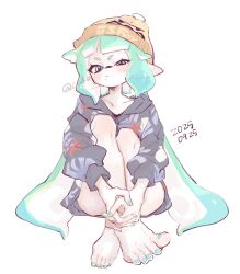 1girl aqua_hair aqua_nails beanie black_jacket brown_hat c_kb closed_mouth collarbone commentary dated frown full_body half-closed_eye hat highres inkling inkling_girl inkling_player_character jacket long_hair nail_polish pointy_ears print_hat simple_background sitting solo splatoon_(series) tentacle_hair toenail_polish toenails twintails v-shaped_eyebrows very_long_hair white_background 