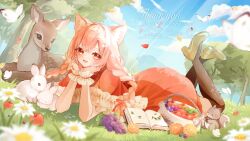  1girl :d absurdres acorn animal animal_ear_fluff animal_ears apple artist_name baby_animal basket bird black_socks block_heels blue_sky blueberry book bow braid bug butterfly cat_ears cat_girl clouds commentary_request commission commissioner_name curled_fingers dappled_sunlight day deer double-parted_bangs dress elbow_rest falling_petals fawn flower food forest frilled_dress frilled_wrist_cuffs frills fruit full_body grapes grass hair_bow hair_intakes hands_on_own_cheeks hands_on_own_face hands_up head_rest highres knees_up konkave_linse leaf light_rays long_hair looking_at_viewer low_twin_braids lying making-of_available medium_dress mountain nature on_ground on_stomach open_book open_mouth orange_(fruit) orange_petals orange_slice original outdoors over-kneehighs petals pink_hair puffy_short_sleeves puffy_sleeves rabbit red_bow red_dress red_eyes red_petals shoes short_sleeves sidelocks signature sky sleeping_animal smile socks solo squirrel sunbeam sunlight thank_you the_pose thigh-highs tree twin_braids white_butterfly white_flower white_rabbit_(animal) white_wrist_cuffs wrist_cuffs yellow_shoes 
