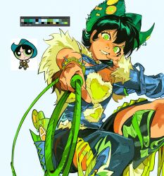  1girl atie1225 black_hair bracelet breasts buttercup_(ppg) chaps clenched_teeth color_guide commentary cowboy_hat denim denim_jacket earrings finger_in_own_mouth furrowed_brow green_eyes green_nails grey_background gun hair_between_eyes handgun hat heart heart_earrings highres holding_lasso holster jacket jewelry lasso looking_at_viewer medium_breasts nail_polish powerpuff_girls reference_inset short_hair solo spiked_bracelet spikes teeth untranslatable_commentary upper_body weapon 