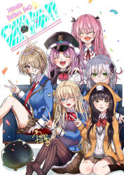  6+girls aikawa_megumi asakura_karen_(heaven_burns_red) black_hair blonde_hair blue_eyes bow bowtie brown_hair closed_eyes commentary_request confetti couch double_bun glasses goslingwallows green_eyes grey_hair hair_bun hair_ornament hair_ribbon hairpin heaven_burns_red highres izumi_yuki kayamori_ruka kunimi_tama long_hair looking_at_viewer low_twintails multiple_girls narby_(heaven_burns_red) on_couch on_floor on_ground open_mouth pink_hair red_bow red_bowtie red_eyes red_ribbon ribbon short_hair simple_background sitting slime_(creature) toujou_tsukasa twintails v wariza white_background white_ribbon 