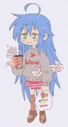  1girl :3 ahoge arrow_(symbol) bag baguette blue_hair bread brown_shoes brown_thighhighs burnt coffee cup disposable_cup english_text food full_body green_eyes grey_sweater grocery_bag half-closed_eyes holding holding_bag holding_cup injury inkerton-kun izumi_konata logo long_hair long_sleeves lucky_star mole mole_under_eye penny_loafers print_sweater shoes shopping_bag simple_background smile solo standing steam sweater thigh-highs very_long_hair wawa white_background 