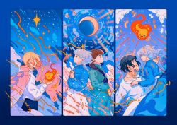  1boy 1girl 1other 2girls :o alt_text apron argyle_clothes argyle_jacket back-to-back black_hair blonde_hair blue_background blue_border blue_clouds blue_dress blue_eyes blue_gem blue_pants blue_sky border braid brown_hair calcifer card_(medium) closed_eyes closed_mouth clouds collage collared_shirt commentary couple cowboy_shot crescent_moon day dress earrings english_commentary evening eye_contact fire from_side gem glowing gradient_sky green_dress green_gem grey_hair hand_on_another's_cheek hand_on_another's_face hands_up hetero highres howl_(howl_no_ugoku_shiro) howl_no_ugoku_shiro jacket jacket_on_shoulders jewelry long_hair long_sleeves looking_at_another male_focus medium_hair meyoco moon multiple_girls multiple_views necklace open_clothes open_mouth outdoors outside_border pants pastel_colors pink_clouds pink_light pink_sky profile purple_sky roman_numeral rounded_corners shirt shooting_star short_hair sky smile solo sophie_hatter_(howl_no_ugoku_shiro) sparkle standing star_(sky) star_(symbol) sunset tarot tarot_(medium) the_moon_(tarot) the_star_(tarot) the_sun_(tarot) white_apron white_shirt wide-eyed wind 